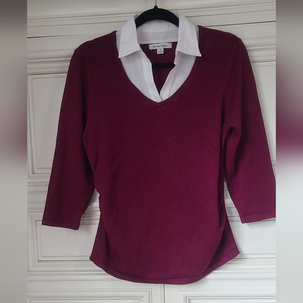 Studio Works Size M school Uniform Style Maroon long Sleeve Shirt White Collar